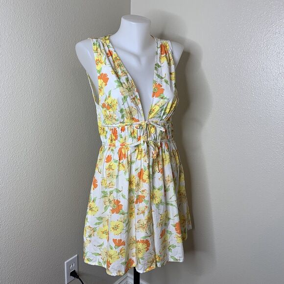 Faithfull The Brand Double Tie Front V Neck Sleeveless Yellow Floral Dress Sz S - Picture 1 of 9